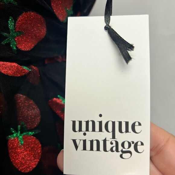 Unique Vintage Black Glitter Strawberry Print Babydoll Dress - Picture 7 of 13
